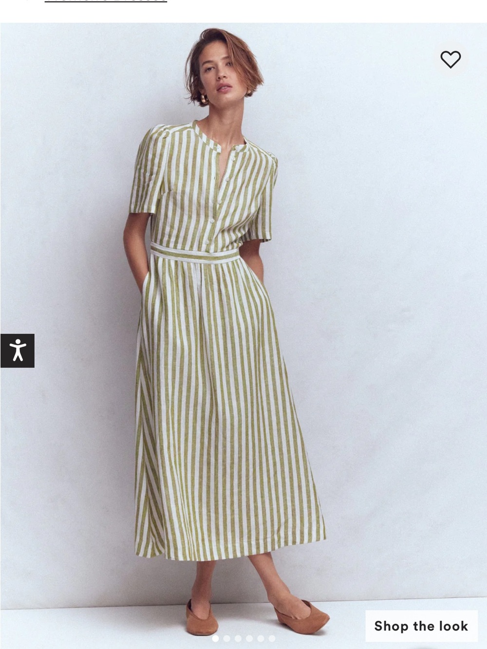 Boden Olive Green and White Striped Button-Front Midi Dress